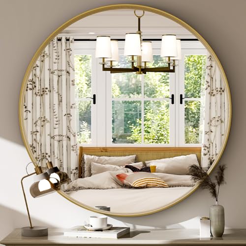 24 Inch Round Bathroom Mirror - Wall Mounted Circle Mirror with Metal Frame, Modern Mirror Suitable for Bathroom, Vanity, Entryway, Living Room, Wall Decor,Gold - color: Gold, size: 24"L x 24"W
