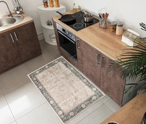 Keen Home Design 24"x36" Rug - Machine Washable Entry Rug with Non-Slip Backing, Ideal for Enteryway, Kitchen, Bathroom, Laundry Room - Vintage, Easy Clean, Durable, Low Pile - (2' x 3') - color: Beige / Oil Blue, size: 2' x 3' (Rectangular)
