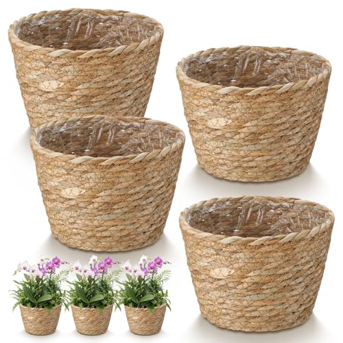 4 Pcs Straw Plant Baskets Indoor Rattan Woven Flower Baskets with Plastic Liner, Cattail Plant Planter for Indoor Outdoor Rustic Boho Home Farmhouse Floor Potted Pots Decor - color: Natural, size: S(6.3" Top D X 4.3" Bottom D X 4.3"h), style: Cattail
