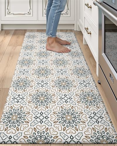 LUMI Anti Fatigue Kitchen Cushioned Mat for Floor, Padded Waterproof Runner for Standing, Stain Resistant Comfort Rugs for Home, Sink, Laundry, 24x59 - color: Beige and Blue, size: 59"L x 24"W x 0.4"Th