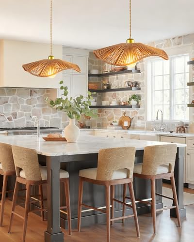 Woven Pendant Light, 15.7" Handmade Rattan Shade, Modern Boho Chandelier for Dining Room Wicher Hanging lamp Farmhouse Rattan Chandelier for Kitchen Island Living Room Bedroom - color: 15.74″-Fan-shaped