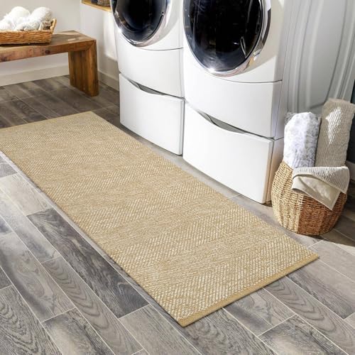 LEEVAN Washable Runner - 2'x5', Tan Hallway Runner, Hand-Woven Reversible Entryway Rug, Cotton Modern Bedroom, Farmhouse Bathroom, Soft Laundry Room, Long Carpet Sink Foyer - color: Tan/Cream, size: 2' x 5' (Rectangular)