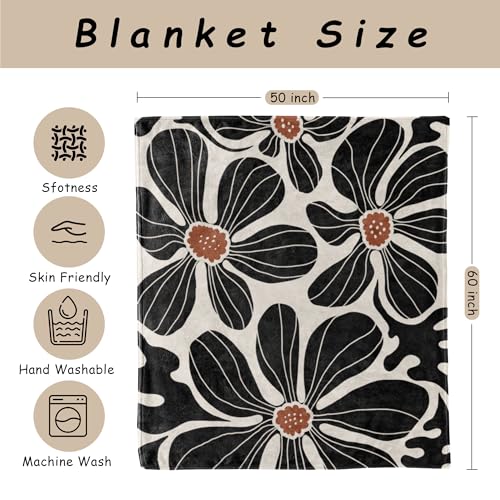 HIWX Boho Abstract Floral Blanket, Modern Abstract Boho Black Flower Throw Blanket for Home Living Room Bedroom Couch Bed Decor, 50x60 Inches