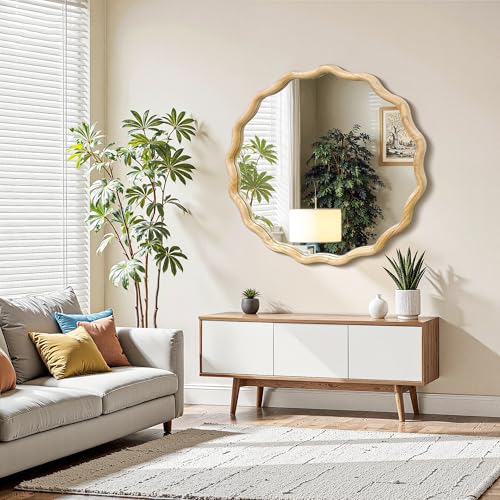 Circle Wood Mirrors for Wall, Wavy Round Bathroom Scalloped Mirror Wooden Frame 30 Inch for Living Room Farmhouse Bedroom Hallway Entryway Living Room with Shatterproof Glass Wall Mounted - size: 30"L x 30"W