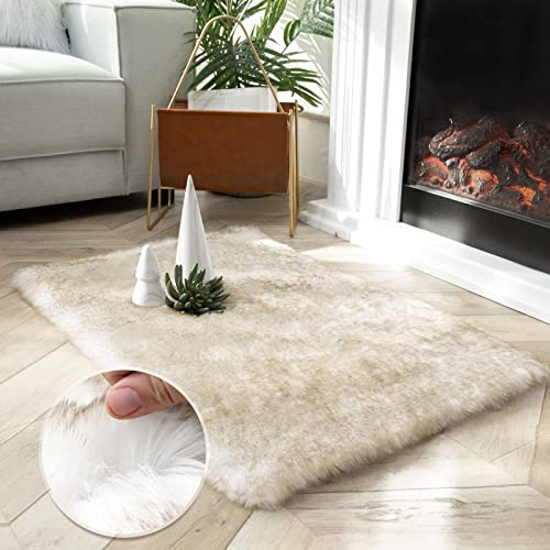 Ashler HOME DECO Soft Fox Faux Fur Chair Couch Cover Area Rug for Bedroom Floor Sofa Living Room White Brown Rectangle 2 x 3 Feet - color: White Brown, size: 2 x 3 ft