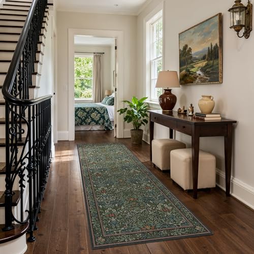Bavni 2'6" x 8' Runner Rug, Washable Non Slip Hallway Runner Rug, Boho Floral Carpet for Entryway, Kitchen, Laundry Room, Soft Ultra Thin Botanical Long Rug for Indoor Floor, Dark Green - color: Dark Green, size: 2'6" x 8' (Rectangular)
