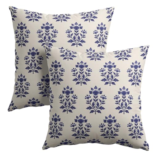 Blue Flower Pillow Covers 16x16 Inches Block Print Blue Vintage Farmhouse Boho Floral Throw Pillow Case Set of 2 Pillow Cover Cotton Linen Cushion Cover for Home Couch Sofa Bedroom Livingroom - color: Blue Flower240413, size: 16" x 16" (Pack of 2)