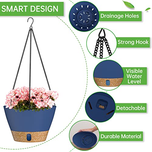 ZMTECH 2 Pack 8 Inch Hanging Baskets for Plants Outdoor Indoor, Modern Blue Planters with Water Level Window & Metal Chain for Balcony Patio Garden Home Decor - color: Blue, size: 8 Inch