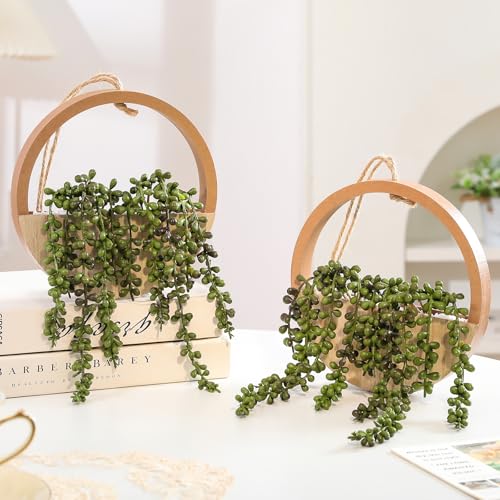 2 Pack Fake Plants Artificial Wall Hanging Plants, Boho Hanging Planter Fake Succulents Artificial String of Pearls in Wooden Pots with Lanyard for Home Office Wall Decoration - color: Wood Color, size: 2 Pcs