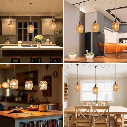 3 Light Plug in Pendant Light Rattan Hanging Lights with Switch 22FT Industrial Ceiling Light,Plug in Cord with Woven Hemp Rope Lamp Shade, Hanging Lamp Cord Farmhouse Cable DIY - color: 3 Light Style B