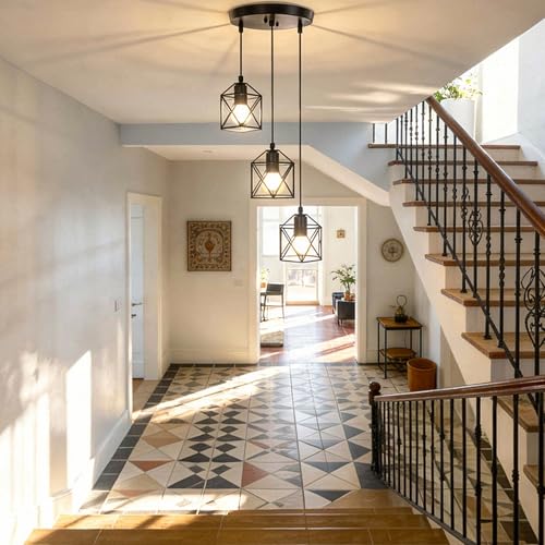 3 Light Pendant Lighting, Farmhouse Hanging Light Fixture for Kitchen Island & Dining Room, Industrial Vintage Ceiling Lamp with E26 Base, Adjustable Height, Matte Black - color: Round Base Metal Pendant - 3-Light (Black)