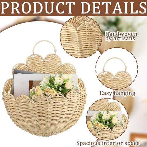 Domensi 4 Pcs Scalloped Wall Baskets Hanging Baskets 4 Different Sizes Large and Small Hand Woven Plastic Rattan Craft Original Storage Holder Scalloped Decor for Nursery Home House Bathroom