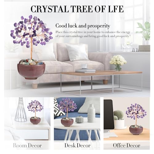 Amethyst Crystal Tree with Ceramic Base,Natural Gemstone Feng Shui Money Tree for Wealth,Good Luck & Positive Energy,Handmade 5 Inch Healing Abundance Bonsai for Home Office Decor - color: Amethyst Vase Tree-2