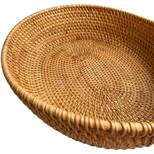 16Inch Tabletop Oval Rattan Fruit Serving Tray with 4" High Wall, Natural Brown Trapezoid Wicker Tray for Countertop,Woven Vanity Bowl Key Holder for Home Decor - color: Brown(15.7"x13.4x4")