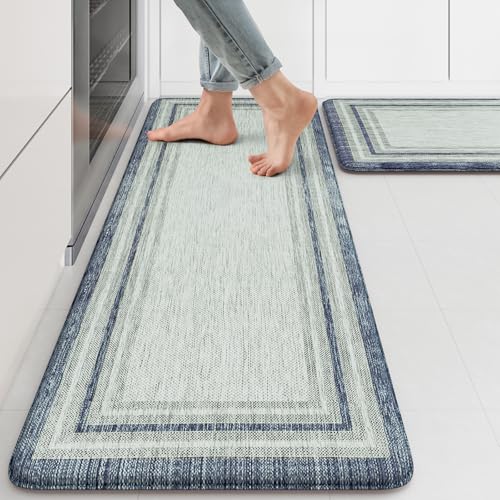 KIMODE Anti Fatigue Kitchen Mat 2PCS Non-Skid Waterproof Kitchen Rugs Farmhouse Kitchen Mat for Floor Laundry Room Rug,Cushioned Comfort Foam Standing Mat for Office Sink Desk Blue and Gray Home Decor - color: Blue, size: 17.3" x 47 "+ 17.3" x 29 "--0.47