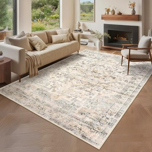 GarveeHome 8x10 Area Rugs for Living Room Non Slip Vintage Washable Rug Floral Distressed Rugs Faux Wool Carpet Farmhouse Bedroom Rug Indoor Floor Caroet Beige - color: Beige, size: 8' x 10' (Rectangular)