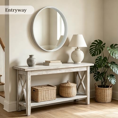 WallBeyond 36 Inch Round Wood Mirror, Large Circle Wooden Frame Wall Mirror for Bathroom, Living Room, Bedroom, Entryway (White) - color: White, size: 36"L x 36"W