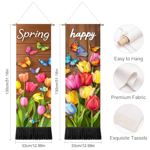 seewan 2 Pack Long Vertical Wall Tapestry, Boho Nature Landscape & Floral Aesthetic Wall Hanging for Bedroom Living Room Home Decor, Long Narrow Art Tapestry with Sunrise Mountain Botanical Designs, 13" × 51" (Spring Tulip Meadow, 13"Wx51"H, Unframed) - c