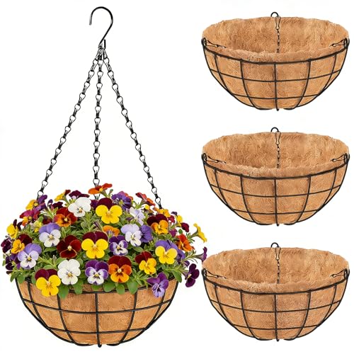 14 Inch Hanging Baskets for Plants Outdoor, 4 Pack Metal Round Wire Hanging Planters with Natural Thick Coco Liners, Garden Patio Decor for Flowers, Herbs, Succulents - size: Medium-14inch