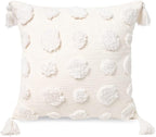 PLWORLD Boho White Throw Pillow Cover 18x18 Inch with Tassels, Pom Pom Tufted Decorative Cream Chenille Fabric Accent Textured Cushion Case for Bed Couch, 1 PC Cover Only No Insert
