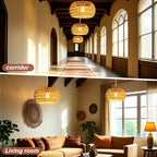 Hanging Lights with Plug in Cord Rattan Hanging Lamp Boho Ceiling Light Fixtures Farmhouse Pendant Lamp Shape for Living Room Bedroom Kitchen - size: 12.6 Inch-Drum Shade