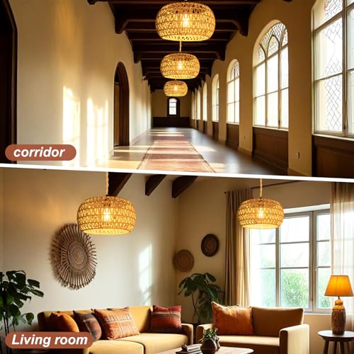 Hanging Lights with Plug in Cord Rattan Hanging Lamp Boho Ceiling Light Fixtures Farmhouse Pendant Lamp Shape for Living Room Bedroom Kitchen - size: 12.6 Inch-Drum Shade