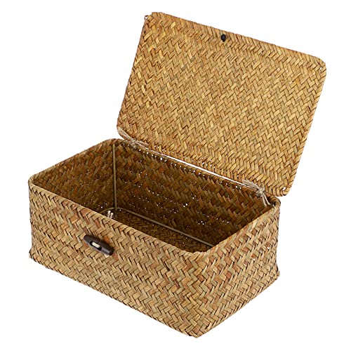 Hipiwe Wicker Shelf Baskets Bin with Lid, Handwoven Seagrass Basket Storage Bins Rectangular Household Basket Boxes for Shelf Wardrobe Home Organizer, Caramel Small - color: Caramel, size: Small