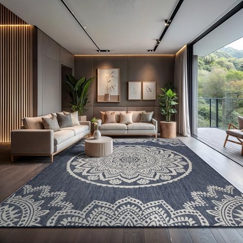 CAMILSON Outdoor Rug 10x14 Modern Area Rugs for Large Indoor and Outdoor Patios and Porches - Waterproof Washable Non-Shedding Easy-to-Clean Outside Carpet (10 x 14, Medallion - Blue/White) - color: Medallion - Blue / White, size: 10' x 14' (Rectangular)
