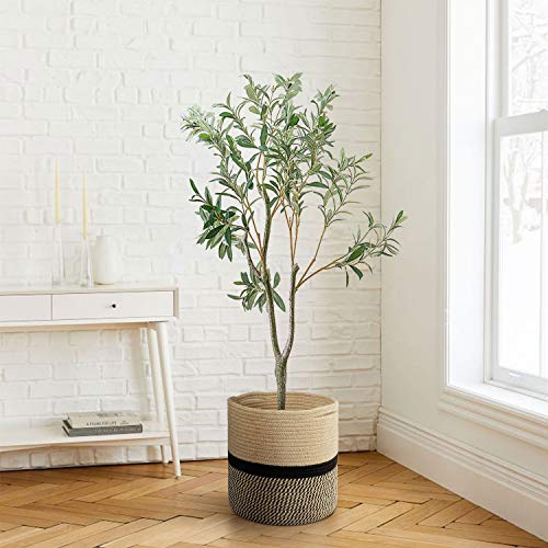 TIMEYARD Sturdy Jute Rope Plant Basket Modern Woven Basket for 11" Flower Pot Floor Indoor Planters, 12'' x 12'' Storage Organizer Baskets Rustic Home Decor, Black and Beige Stripes - color: Black and Jute, size: 12" x 12"