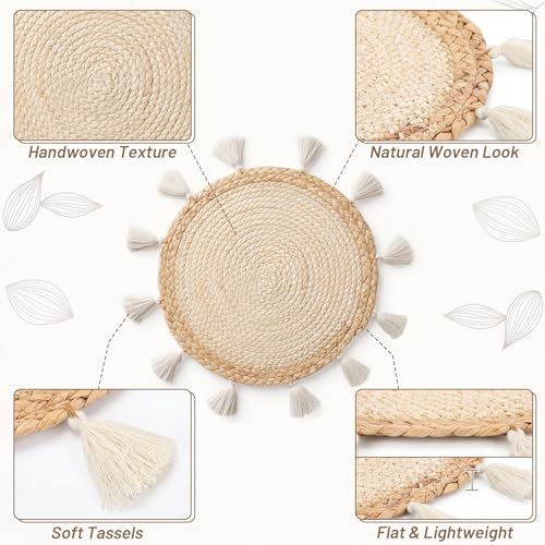 12 Pcs Round Boho Placemats 12 Inch Woven Wicker Placemat Boho Wall Basket Decor Macrame Table Mats Farmhouse Style Wall Hanging Decor for Dining Table Settings Kitchen Wedding Summer Decors