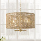 Rattan Drum Chandeliers for Dining Room, 4-Light Bohemian Hand-Woven Farmhouse Pendant Light Dining Room Light Fixture Chandelier for Entryway Living Room Kitchen Stairway Bedroom Hallway(Gold) - color: Gold 4-Light Drum
