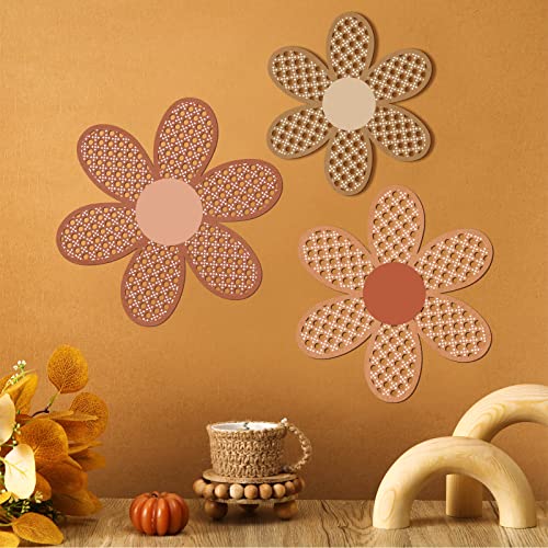Maitys 3 Pieces Boho Daisy Wall Decor Natural Rattan Flower Wall Hanging Art Wooden Boho Art Nursery Flowers Farmhouse Hanging Decor for Home Office Nursery(Fresh Color) - color: Fresh Color