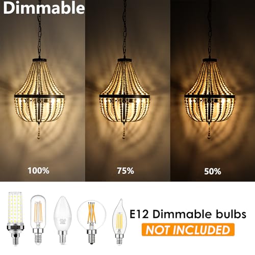 3-Light Plug in Chandelier Dimmable and Timer Mini Wood Beaded Bohemian Pendant Light Fixture with 16.4ft Swag Cord,Black Metal Finish Natural Color Beads,Dining Room,Living Room,Foyer,Bedroom… - color: Black, size: Plug in-3 Light