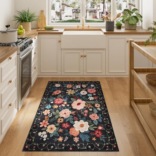 DUKINO 3x4 Area Rug, Lightweight Non Slip Washable Floral Rug, Indoor Low Pile & Non-Shedding Boho Design Carpets for Bedroom, Kitchen, Dining Room, Black - color: Black, size: 3' x 4' (Rectangular)