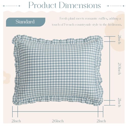KKJIAF 2 Pcs Plaid Ruffle Pillow Case Standard Size, Cotton Gingham Ruffled Euro Sham Pillow Covers 20x26 Inch, Linen Feel Plaid Bed Pillow Shams with Envelope Closure for Sofa Bed (Dusty Blue Plaid) - color: Dusty Blue Plaid, size: 26" x 20" (Pack of 2)