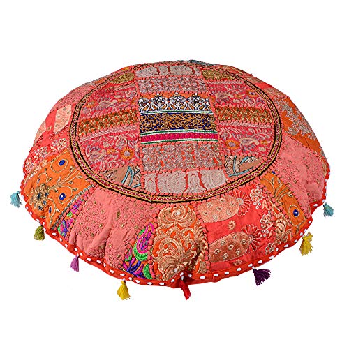 Rajasthani Handmade 32" Round Colorful Decorative Floor Pillow Cover Meditation Patchwork Patchwork Cushion Seating Accent Boho Chic Indian Handmade Cover ONLY(32" Orange) - color: Orange