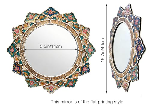 2 Pieces Peruvian Round Wall Mirror - Boho Flower Shape Vintage Decor, Acrylic Wooden Decorative Mirror with Flat Printed Patterns, Small Blue Accent for Bedroom - color: Blue and White