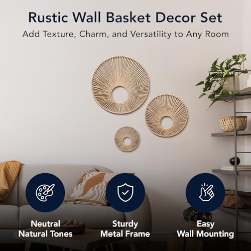 American Art Decor Round Paper Rope Wall Decor Set of 3, Natural - Boho Wall Art, Farmhouse Basket Style - color: Natural, size: 19.5" x 19.4"