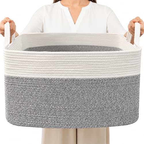 96L Large Blanket Basket,24"x16"x15"Rectangle Storage Bin with Handles,Woven Rope Laundry Basket for Toys, Clothes,Magazines,Home Organization,Nursery,Living Room & Bedroom,White&Grey - color: White & Grey, size: 24"x16"x15"(96L)