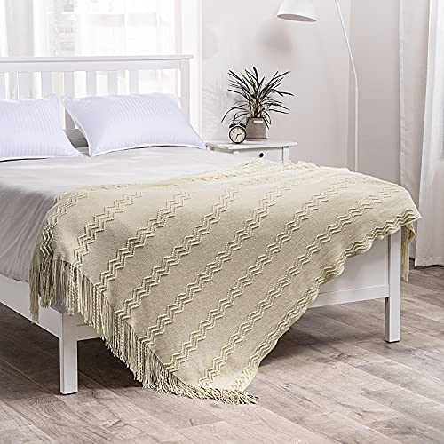 MIULEE Knitted Beige Throw Blanket Soft Sofa Knit Blanket for Couch 50 x 60 Inches, Solid Cozy Lightweight Wave Pattern Decorative Blankets with Tassels for Women - color: Beige, size: 50" x 60"