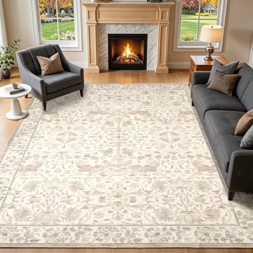 8x10 Area Rugs for Living Room, Washable Area Rug Beige Floral Printed, Non Slip Low Pile Neutral Rug, Vintage Boho Throw Rug, Stain Resistant Carpet for Bedroom Playroom Dining Room Office - color: Beige Floral, size: 8' x 10' (Rectangular)
