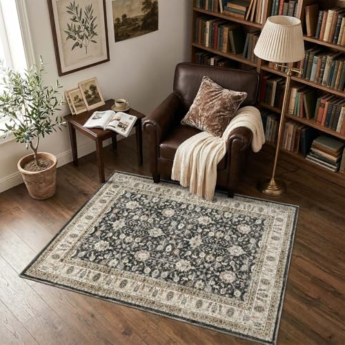 jinchan 3x5 Washable Vintage Area Rug, Distressed Traditional Floral Entryway Accent Rug, Soft Low-Pile Non-Slip Floor Mat for Indoor Foyer, Kitchen Sink Bedroom Bathroom Vanity, Black - color: Oriental Taupe on Black, size: 3' x 5' (Rectangular)