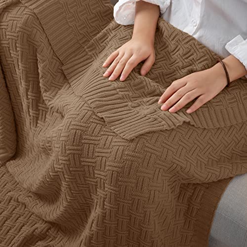 RUDONG M Light Brown Cotton Cable Knit Throw Blanket, Cozy Warm Knitted Couch Cover Blankets, 60 x 80 Inch - color: Light Brown, size: Twin(60" x 80")