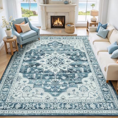 6x9 Coastal Blue White Area Rugs for Living Room - Vintage Boho Medallion Aesthetic Distressed Washable Rug, Soft Non-Slip Backing Low Pile Carpet for Office, Lounge, Bedroom Foot of Bed - color: Coastal Blue White, size: 6' x 9' (Rectangular)