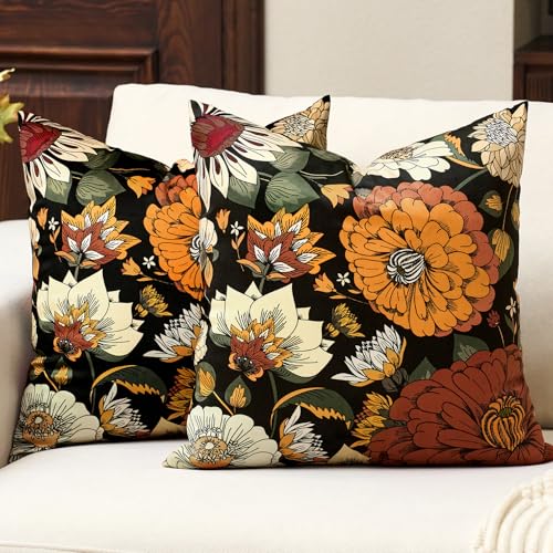 Tyrot Black Boho Floral Velvet Throw Pillow Covers 18x18 Inch Set of 2 Farmhouse Vintage Cushion Covers Mid Century Modern Botanical Home Decor Pillow Cases for Couch Bed Sofa Living Room, Bedroom - color: Warm Ember, size: 18" x 18" (Pack of 2)