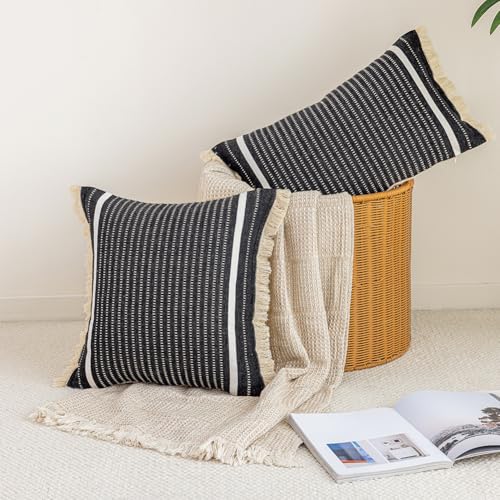 CARRIE HOME Farmhouse Black Boho Striped Pillow Covers 20x20 with Tassels 1 Pack, Black Decorative Accent Pillows for Couch Bed Decor, Boho Decorative 20 x 20 Textured Neutral Throw Pillow Covers - color: Black (With Tassels), size: 20" x 20" (Pack of 1)