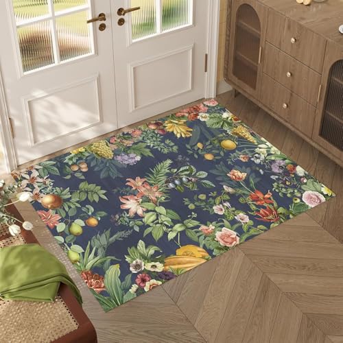 Floral Entryway Rugs 1.5 x 2.5ft Modern Flower Print Area Rug for Home Kitchen Floor Mat Washable Carpets - color: Muted Charcoal and Soft Olive, size: 1.5 x 2.5ft / 18 x 30in / 45 x 75cm