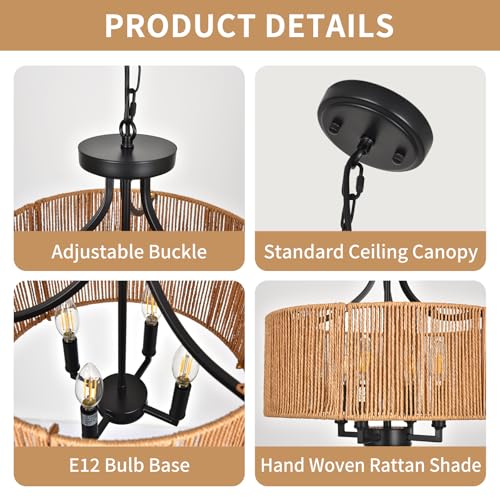 15.7'' Hand Woven Rattan Chandelier, 4-Light Boho Chandelier Rattan Pendant Light Fixture, Wicker Farmhouse Chandeliers for Dining Room Bedroom Living Room Foyer