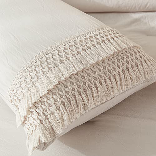 Beige Pillowcases, Macrame Tassel Pillow Cases Set of 2, 100% Washed Microfiber, Cream Decor Tassel Boho Pillow Cover, 2 Pack (King, Beige Tassel) - color: Beige Tassel, size: King, 20" x 40" (Pack of 2)