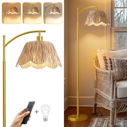 Oneach Boho Floor Lamp with 3 Color Temperatures, Farmhouse Floor Lamps for Living Room with Remote & Dimmable Bulb, Rattan Floor Lamp for Bedroom, Gold - color: Light Gold